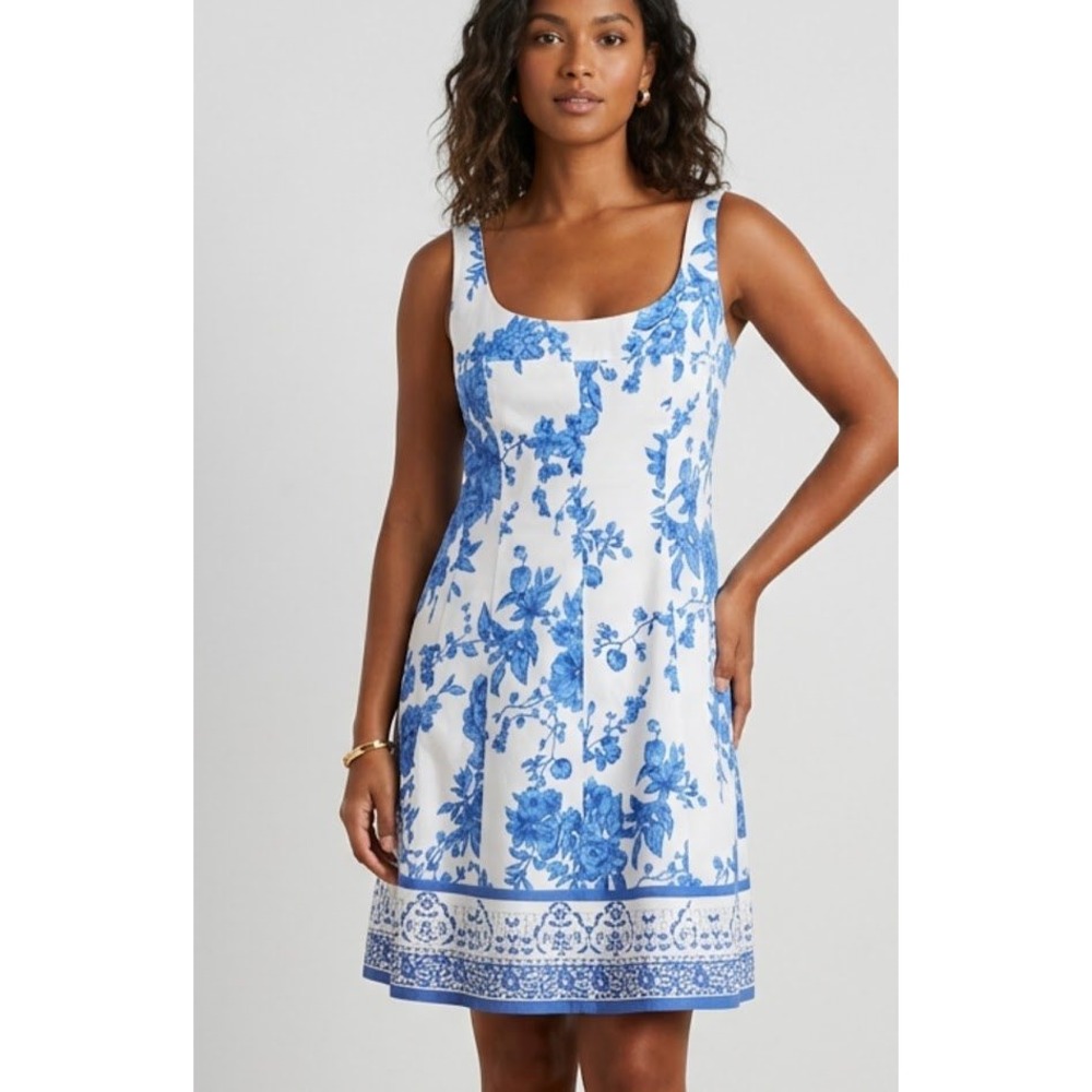 Floral Sheath Dress Womens 12 Blue White‎ Sleeveless Toile Wedding Guest Office